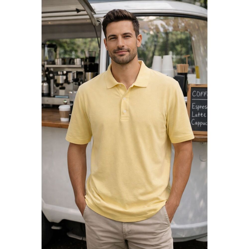 St John’s Bay Heritage Light Yellow Pique Men Short Sleeve Polo Shirt, sz. Large